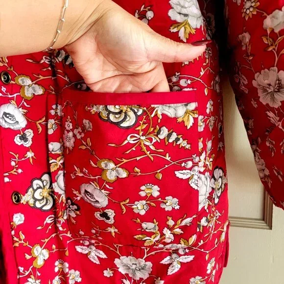 Denim & Co Reversible Quilted Jacket With Floral Print & Solid Red Design Button - Picture 6 of 16